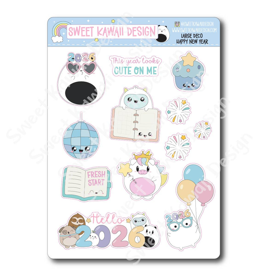 Kawaii Happy New Year Deco (LARGE) Stickers