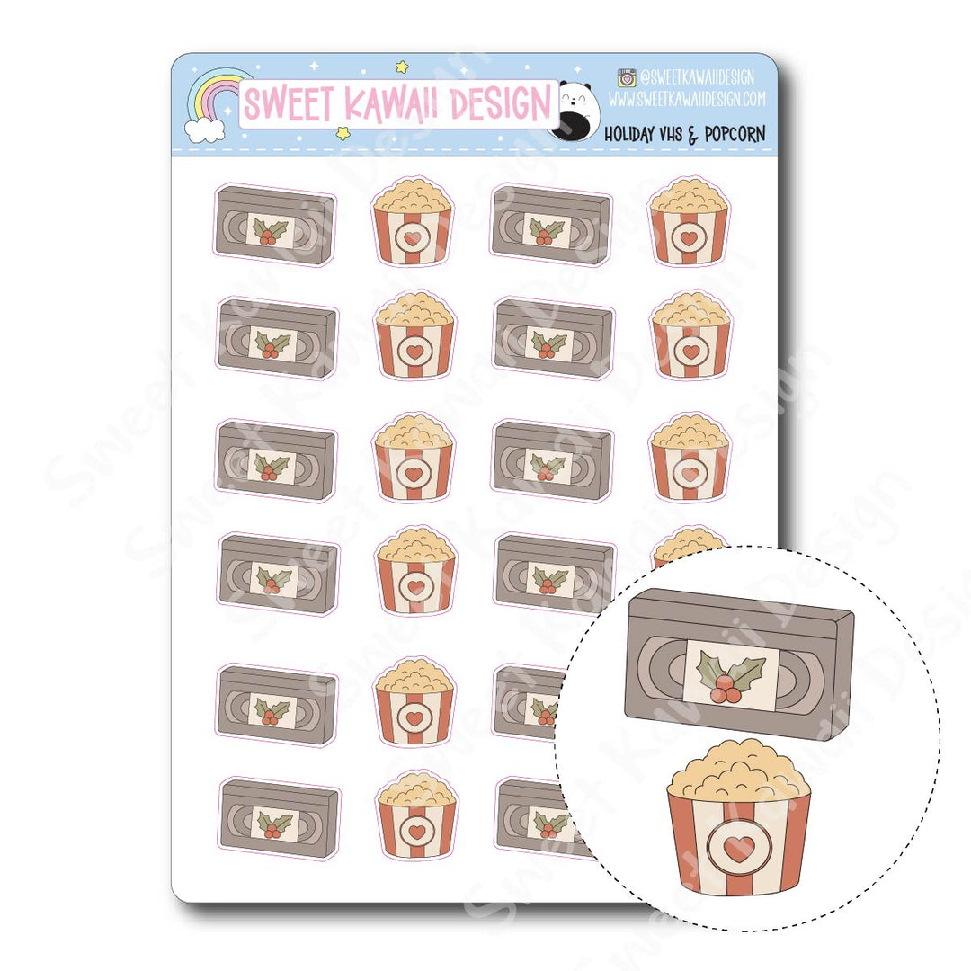 Kawaii Holiday VHS and Popcorn Stickers