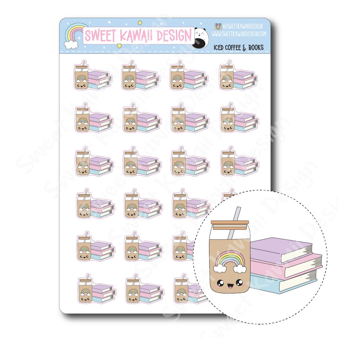 Kawaii Iced Coffee and Books Stickers