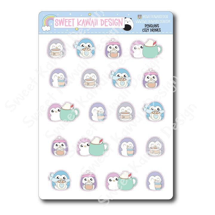 Kawaii Penguin Stickers - Cozy Drinks