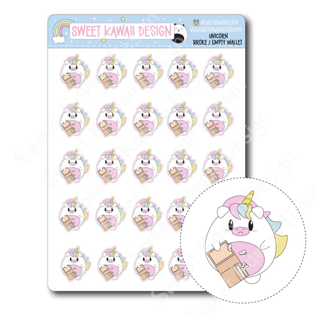 Kawaii Unicorn Stickers - Broke/Empty Wallet