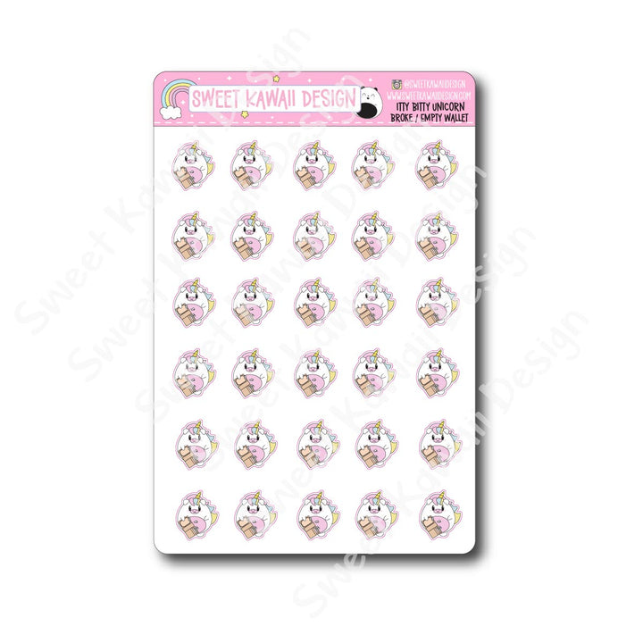Kawaii Unicorn Stickers - Broke/Empty Wallet