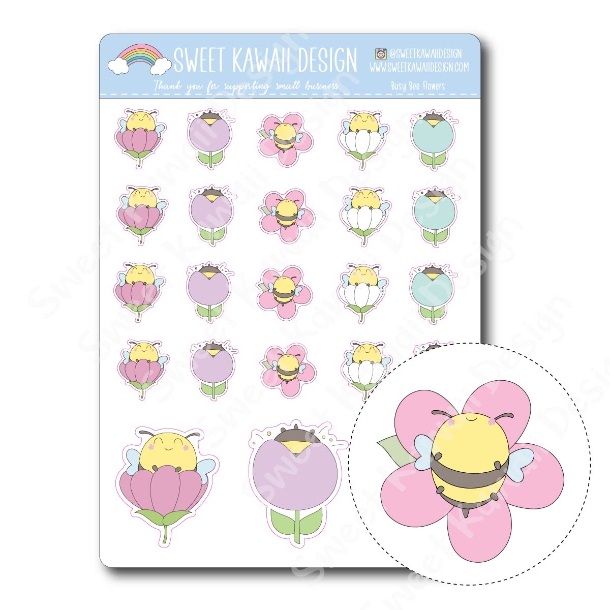 Kawaii Busy Bee Stickers - Flowers
