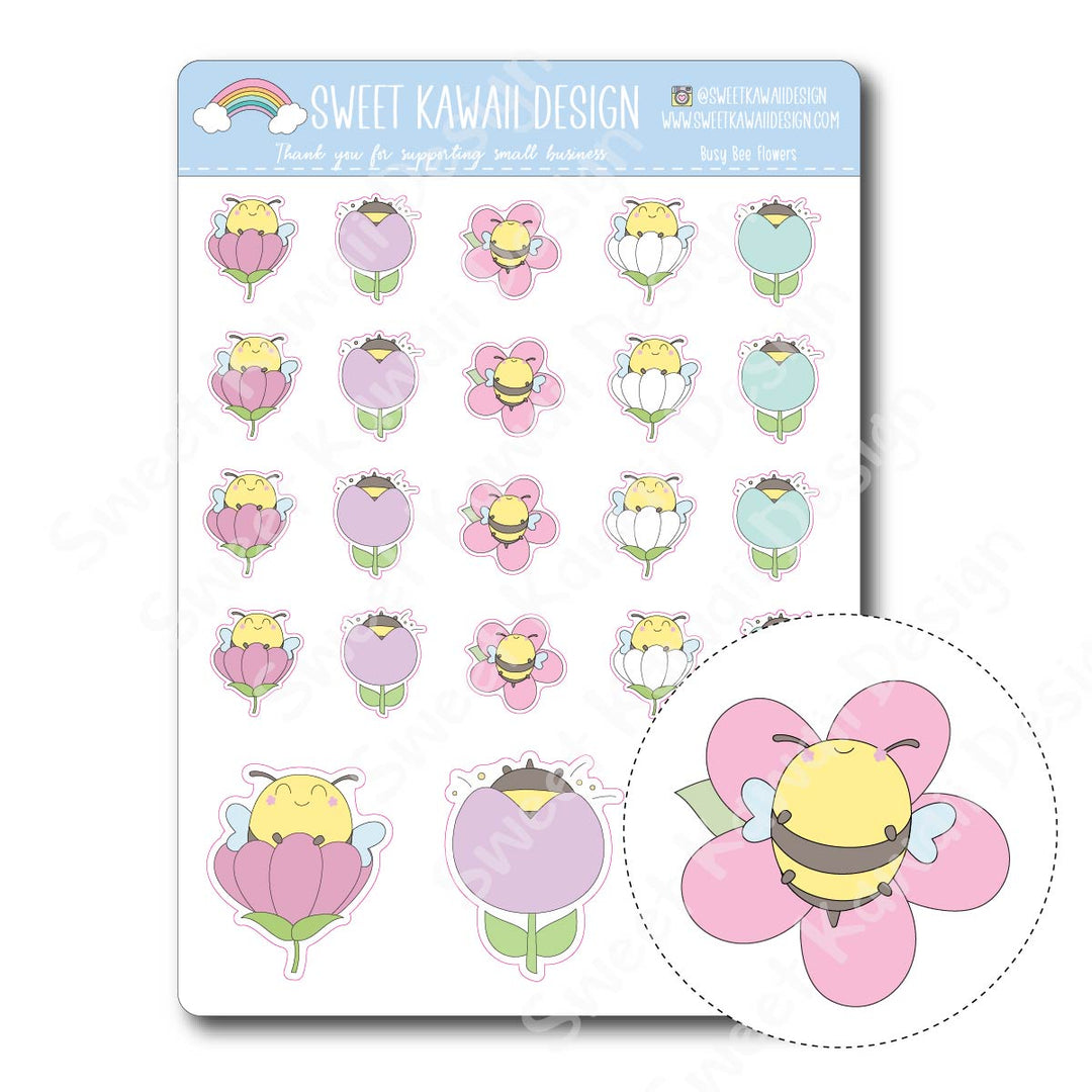 Kawaii Busy Bee Stickers - Flowers