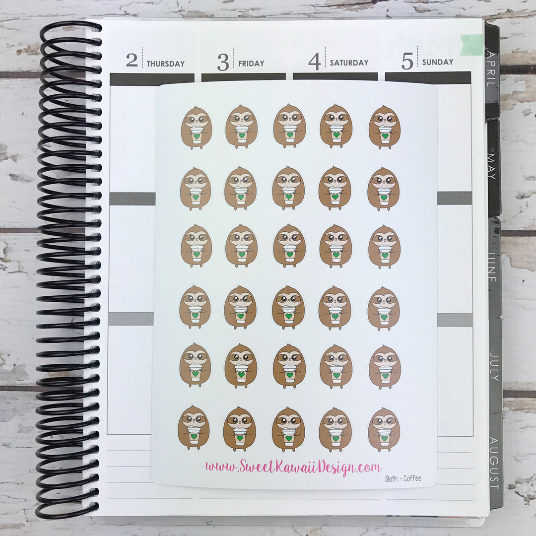 Kawaii Sloth Stickers - Coffee