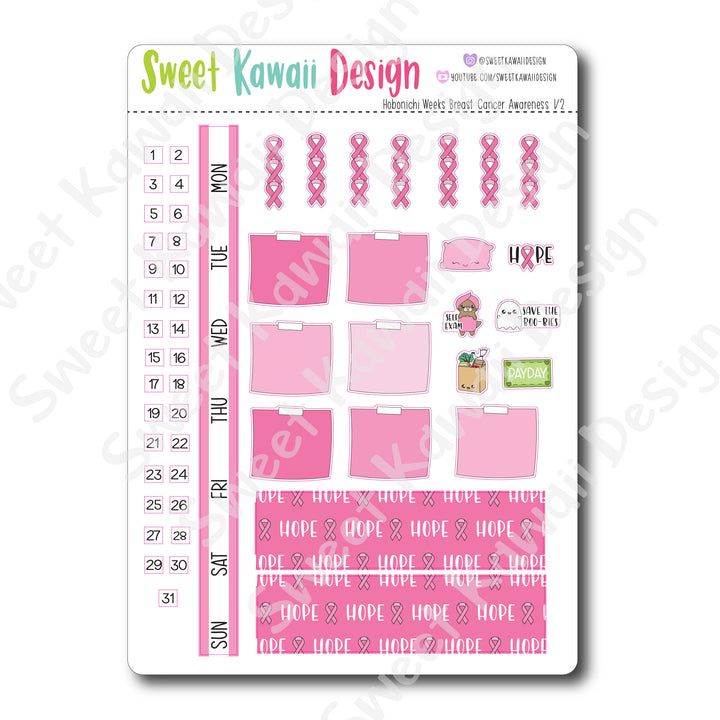 Kawaii Hobonichi Weeks Stickers - Breast Cancer Awareness