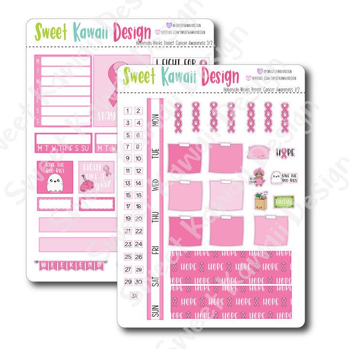 Kawaii Hobonichi Weeks Stickers - Breast Cancer Awareness