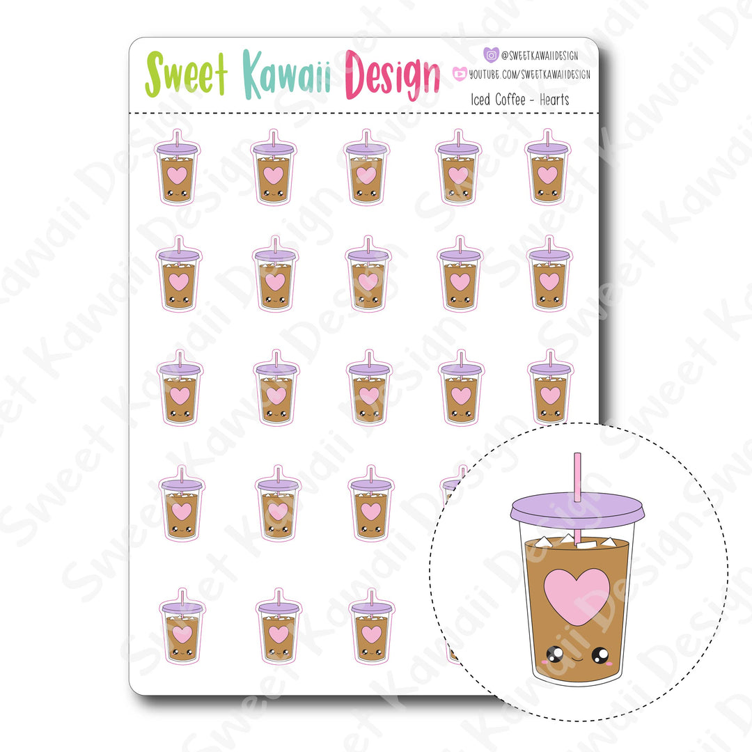 Kawaii Iced Coffee Stickers - Hearts