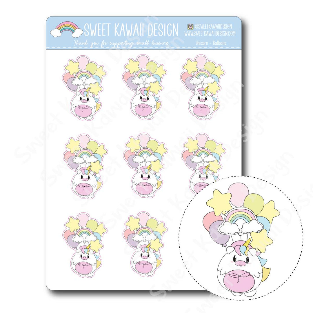 Kawaii Unicorn Stickers - Balloons