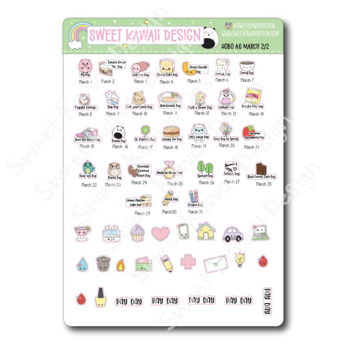 March 2026 Monthly Overview Stickers - Hobo A6