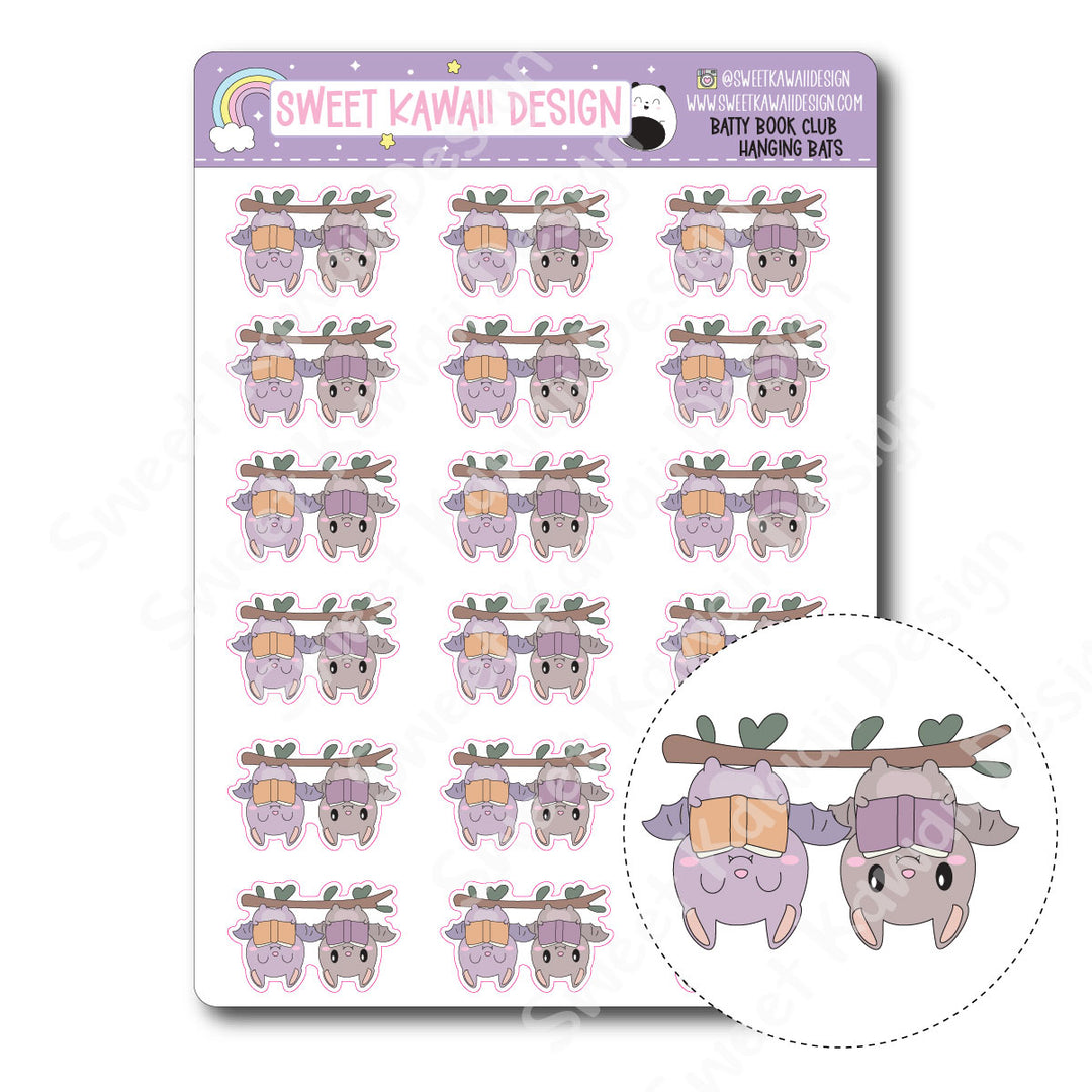 Kawaii Batty Book Club Stickers - Hanging Bats
