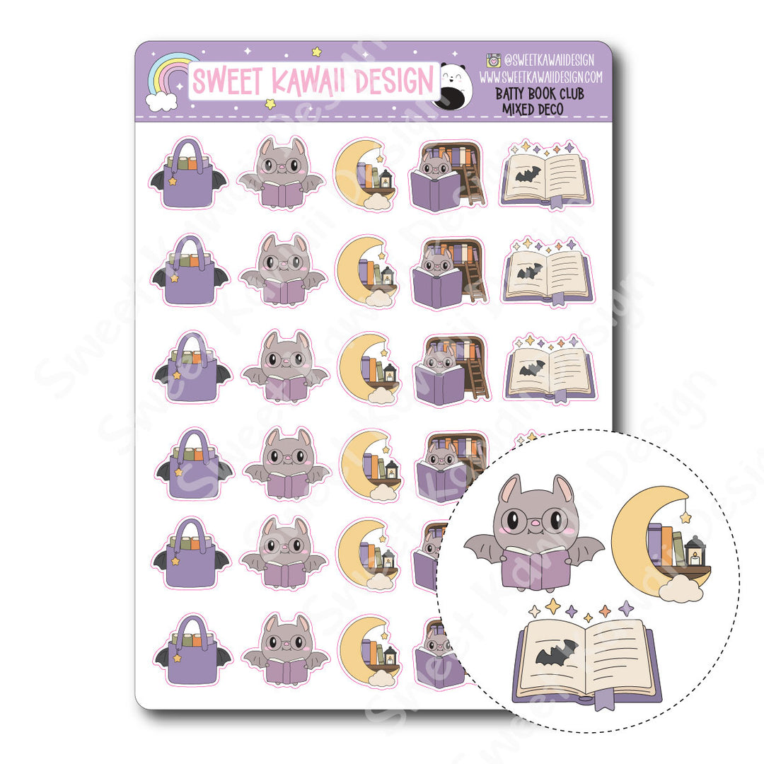 Kawaii Batty Book Club Stickers - Mixed Deco
