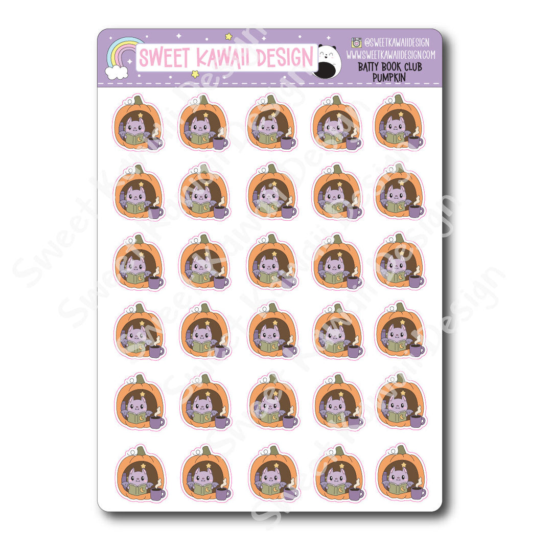 Kawaii Batty Book Club Stickers - Pumpkin