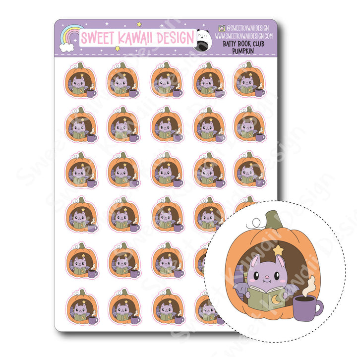 Kawaii Batty Book Club Stickers - Pumpkin