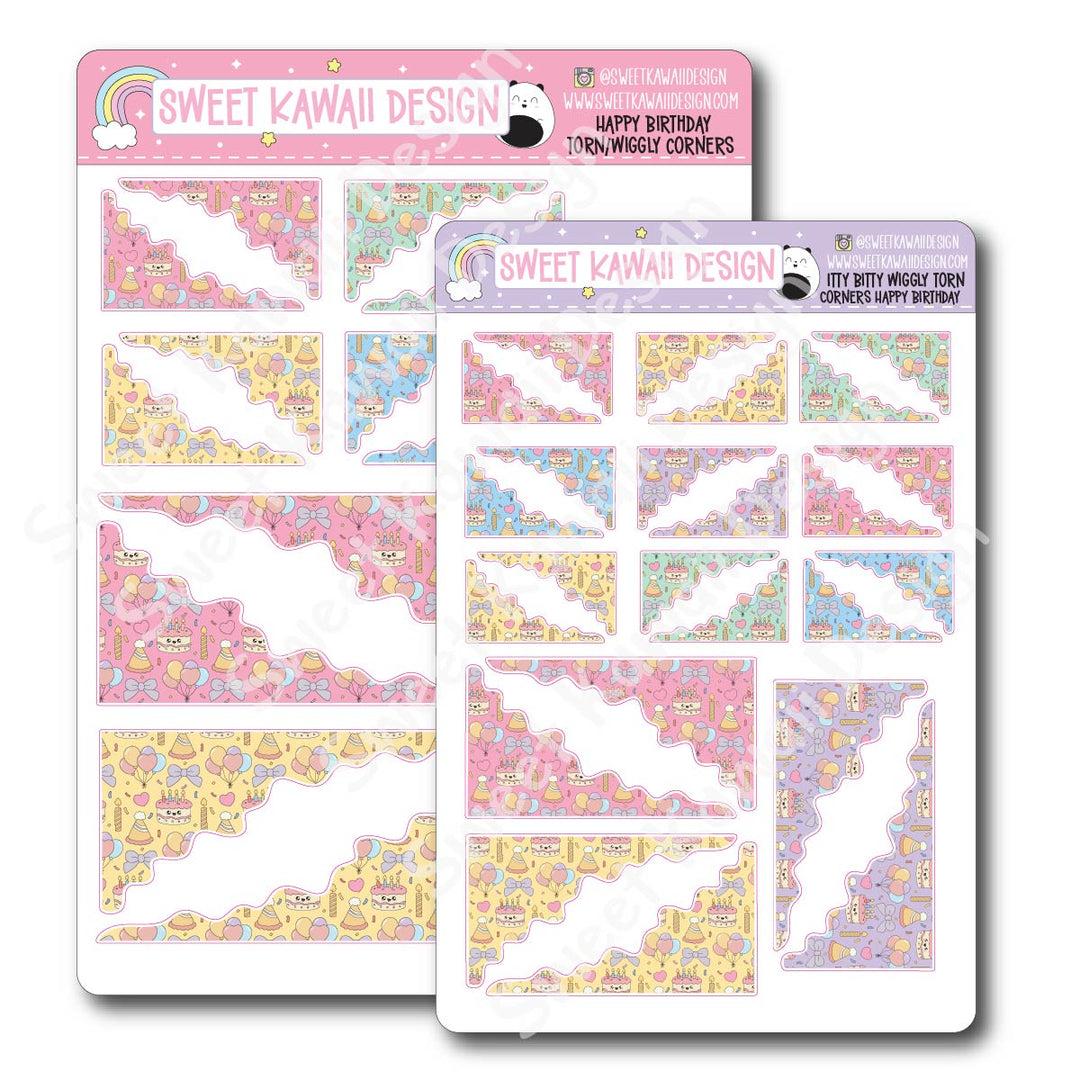 Kawaii Torn / Wiggly Corner Stickers - Happy Birthday