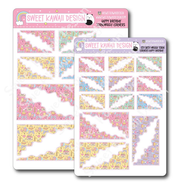 Kawaii Torn / Wiggly Corner Stickers - Happy Birthday