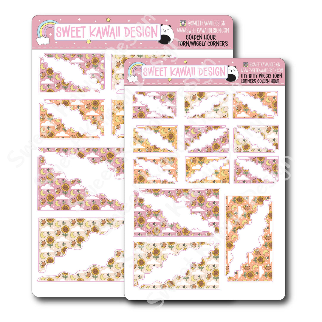 Kawaii Torn / Wiggly Corner Stickers - Golden Hour