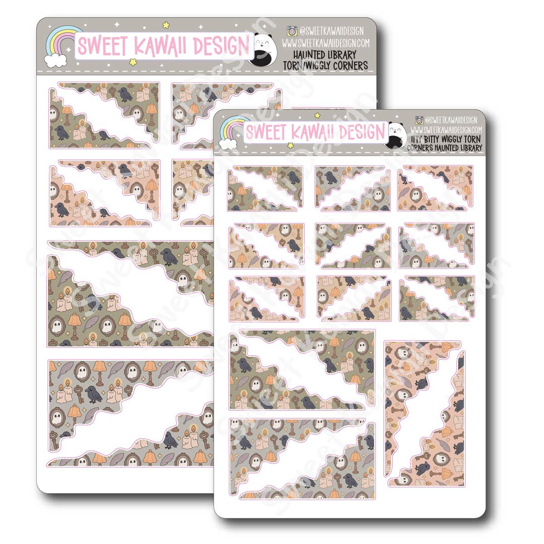 Kawaii Torn / Wiggly Corner Stickers - Haunted Library