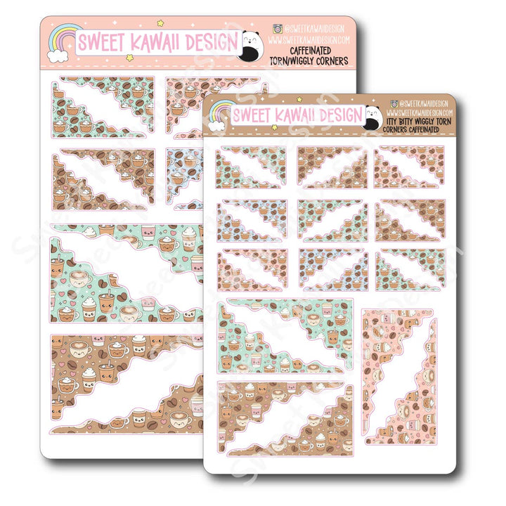 Kawaii Torn / Wiggly Corner Stickers - Caffeinated