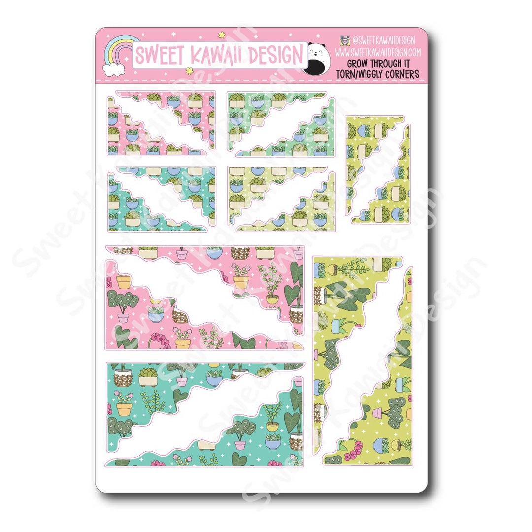 Kawaii Torn / Wiggly Corner Stickers - Grow Through It