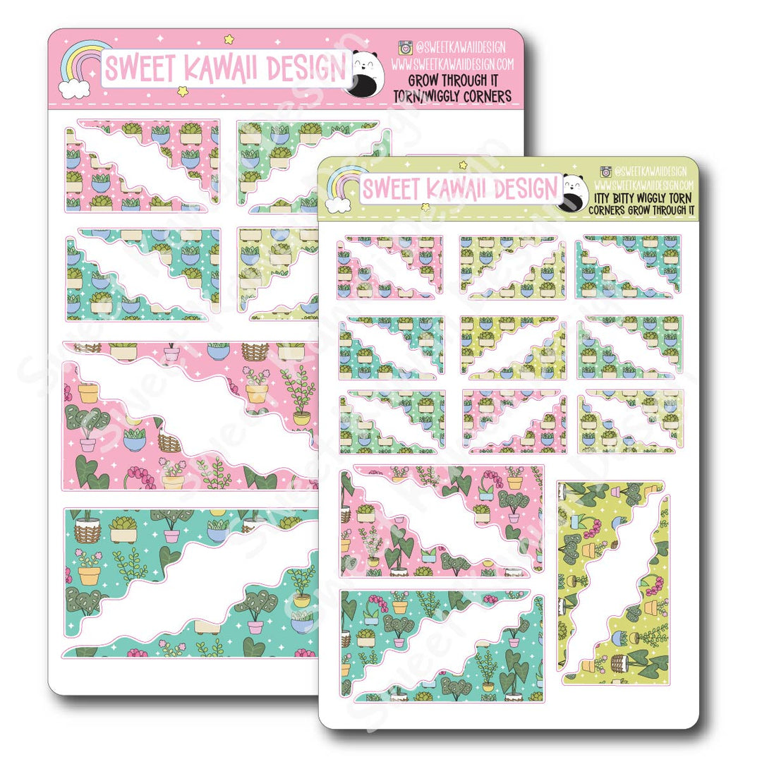 Kawaii Torn / Wiggly Corner Stickers - Grow Through It