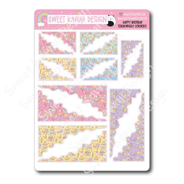 Kawaii Torn / Wiggly Corner Stickers - Happy Birthday