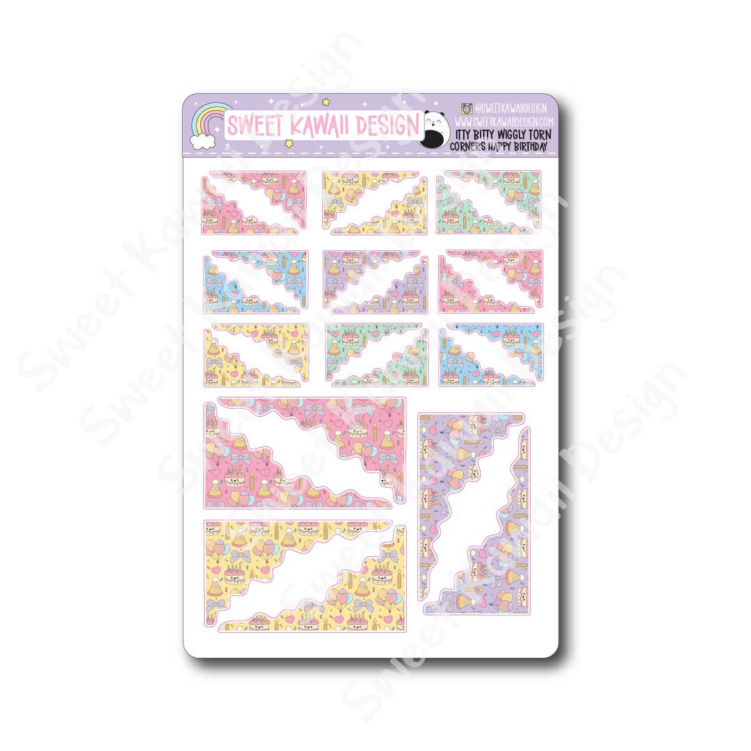 Kawaii Torn / Wiggly Corner Stickers - Happy Birthday