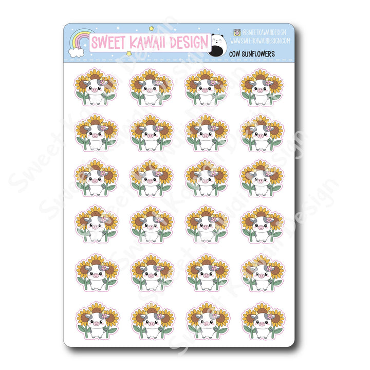 Kawaii Cow Stickers - Sunflowers