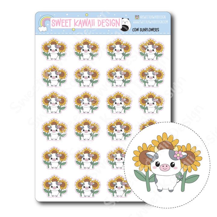 Kawaii Cow Stickers - Sunflowers