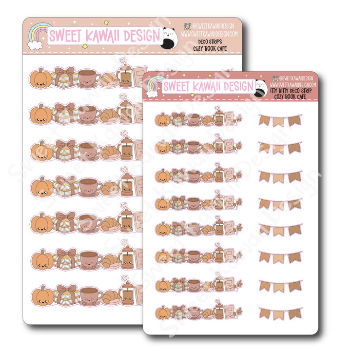 Kawaii Deco Strip Stickers (washi strip/border) - Cozy Book Cafe