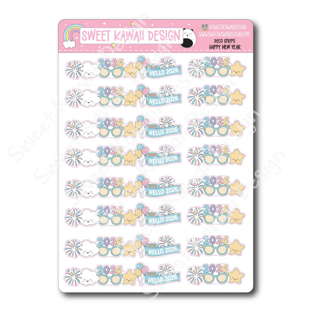 Kawaii Deco Strip Stickers (washi strip/border) - Happy New Year