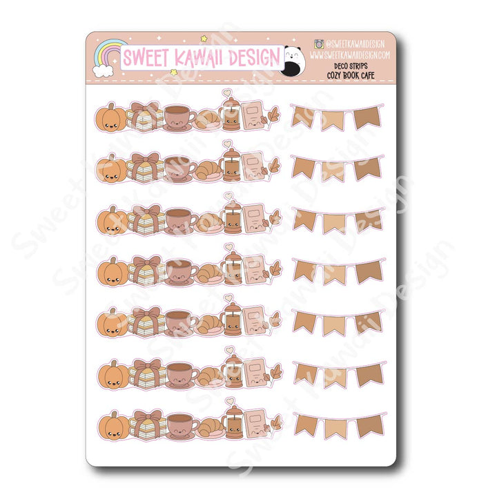 Kawaii Deco Strip Stickers (washi strip/border) - Cozy Book Cafe