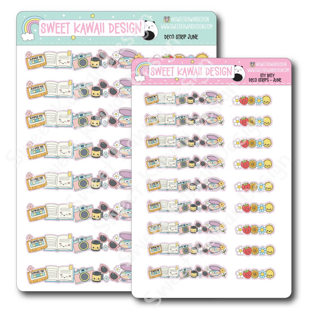 Kawaii Deco Strip Stickers (washi strip/border) - June
