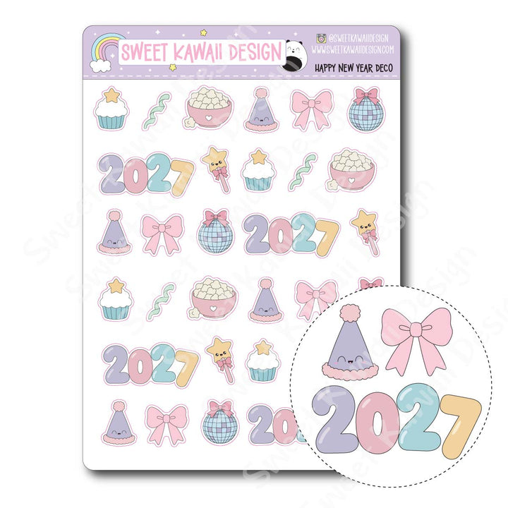Kawaii Happy New Year Stickers - Mix Deco