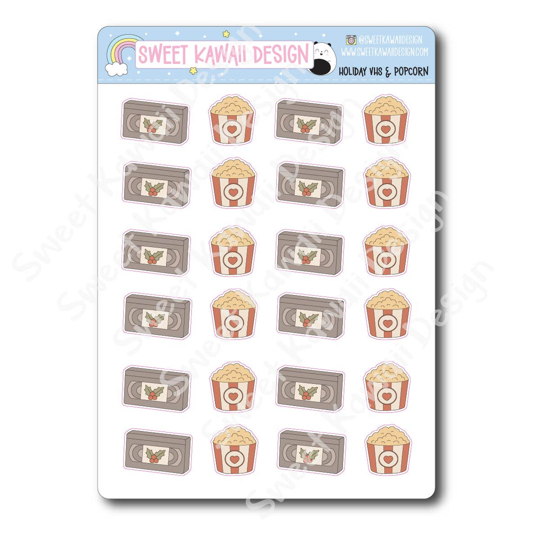 Kawaii Holiday VHS and Popcorn Stickers