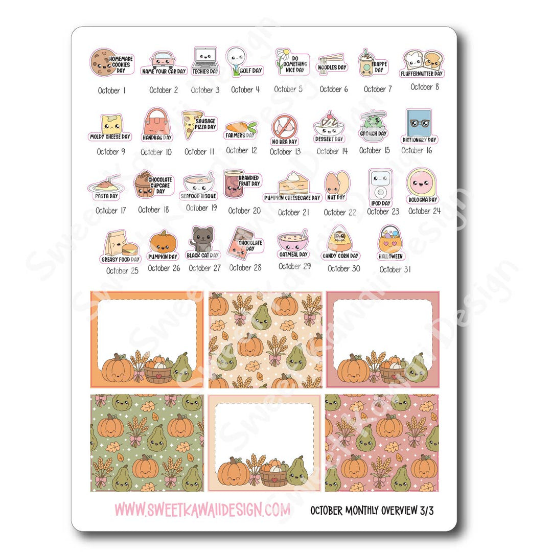 October (NON HALLOWEEN) 2026 Monthly Overview Stickers (Vert/Horiz)