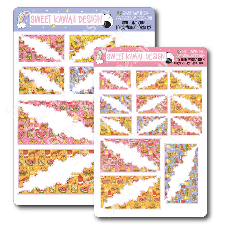 Kawaii Torn / Wiggly Corner Stickers - Grill and Chill