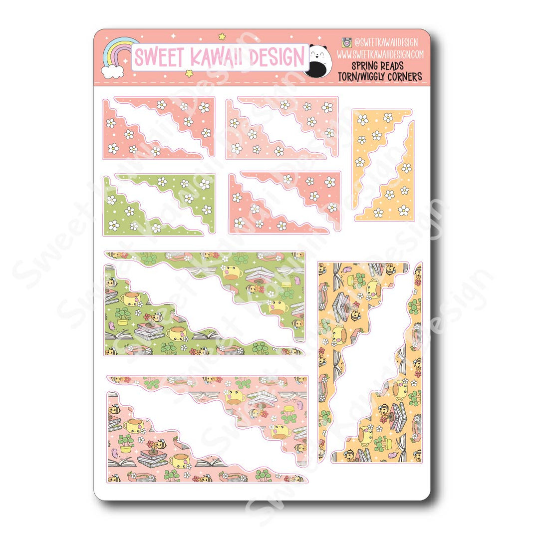 Kawaii Torn / Wiggly Corner Stickers - Spring Reads