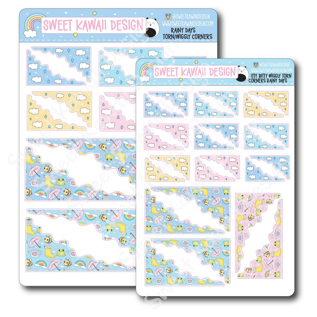 Kawaii Torn / Wiggly Corner Stickers - Rainy Days