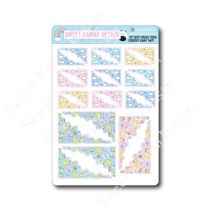 Kawaii Torn / Wiggly Corner Stickers - Rainy Days