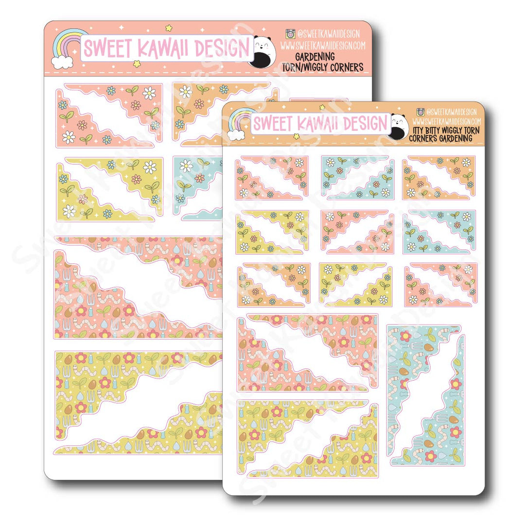 Kawaii Torn / Wiggly Corner Stickers - Gardening