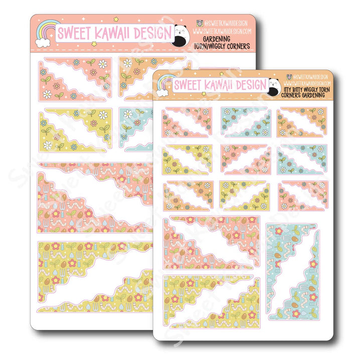 Kawaii Torn / Wiggly Corner Stickers - Gardening