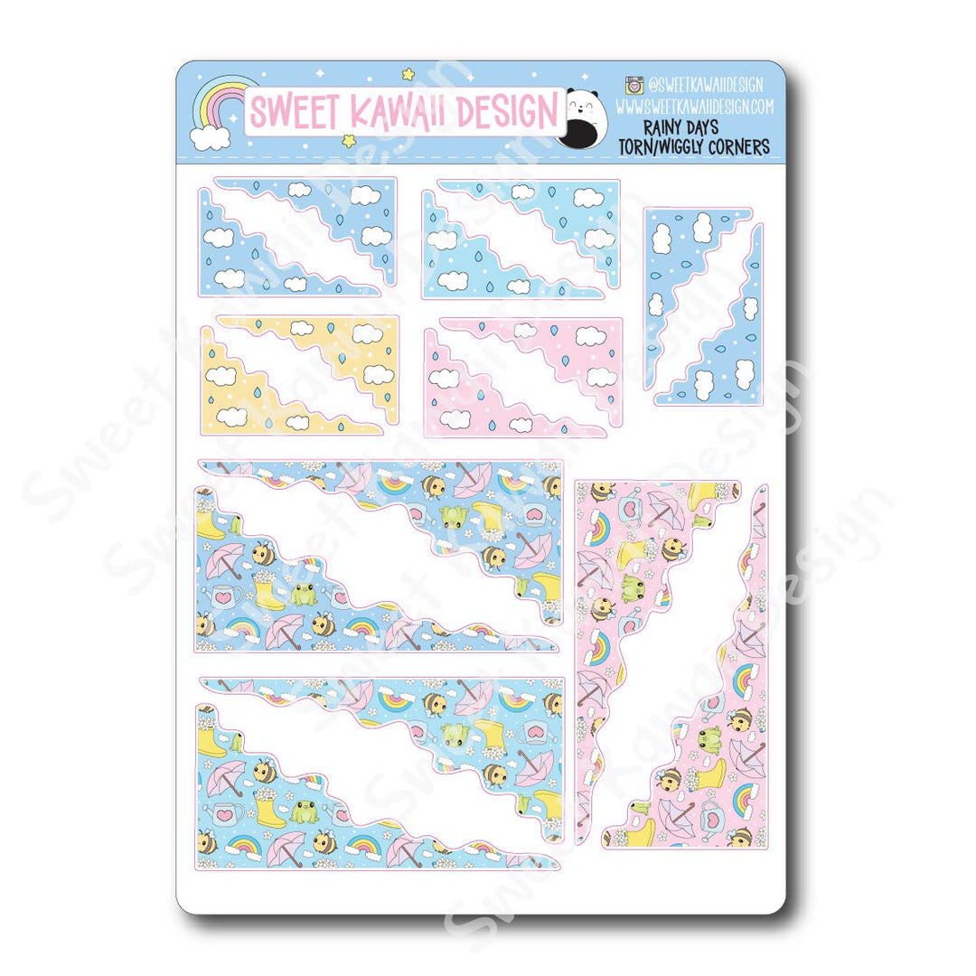 Kawaii Torn / Wiggly Corner Stickers - Rainy Days