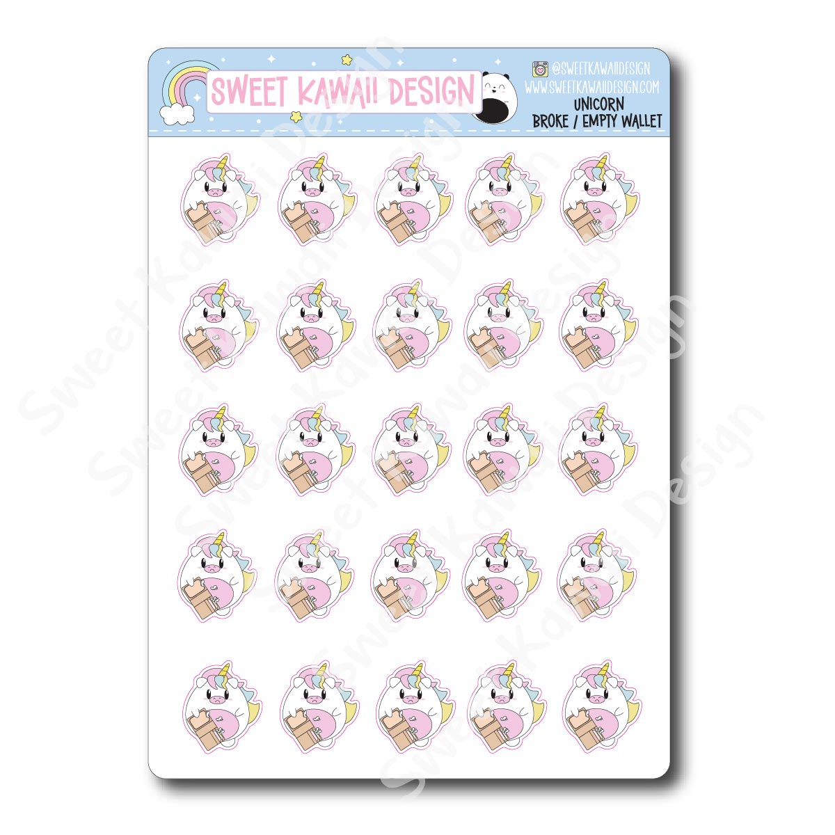 Kawaii Unicorn Stickers - Broke/Empty Wallet