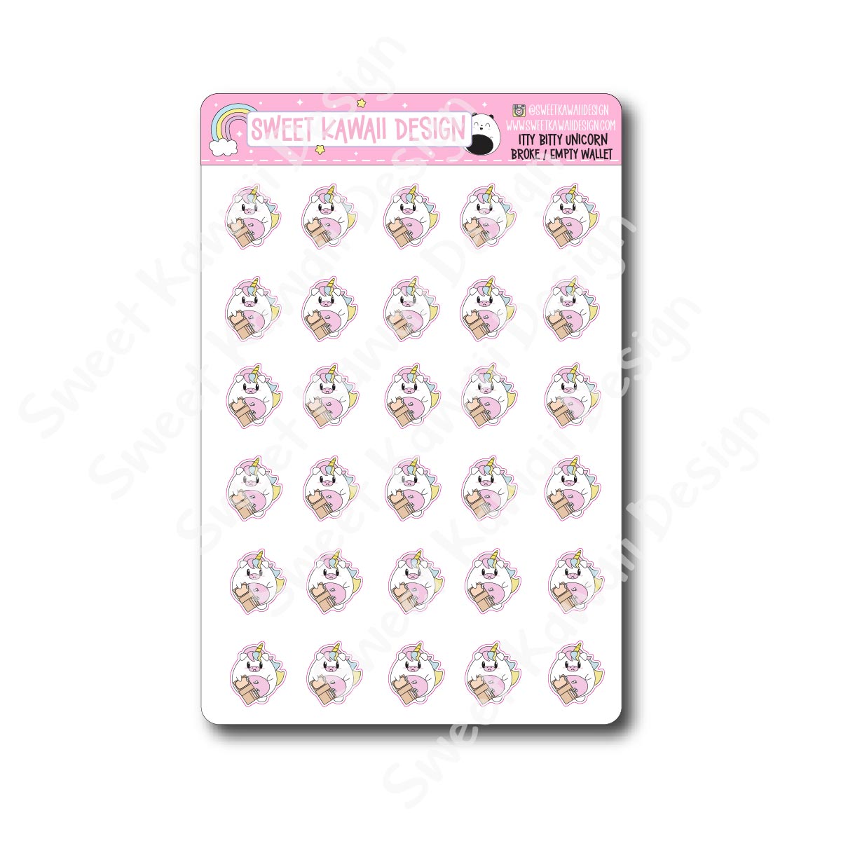 Kawaii Unicorn Stickers - Broke/Empty Wallet