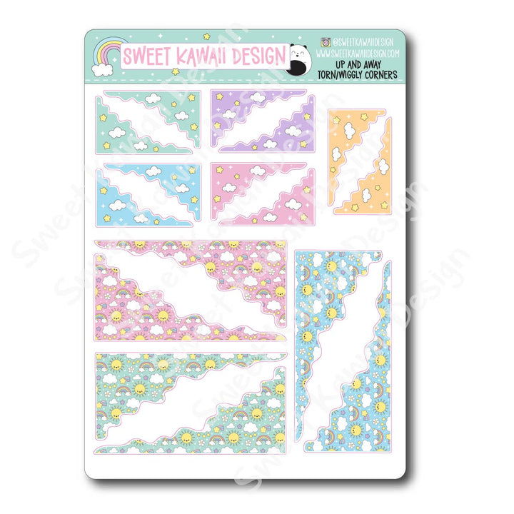 Kawaii Torn / Wiggly Corner Stickers - Up and Away