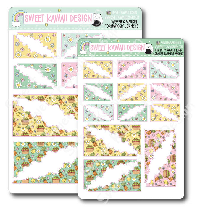 Kawaii Torn / Wiggly Corner Stickers - Farmer's Market