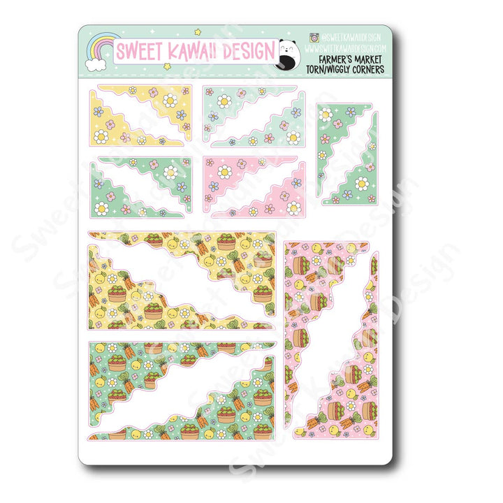 Kawaii Torn / Wiggly Corner Stickers - Farmer's Market