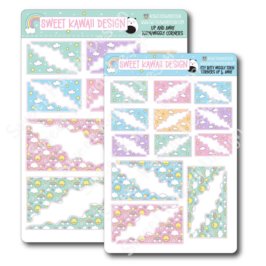 Kawaii Torn / Wiggly Corner Stickers - Up and Away