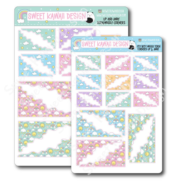 Kawaii Torn / Wiggly Corner Stickers - Up and Away